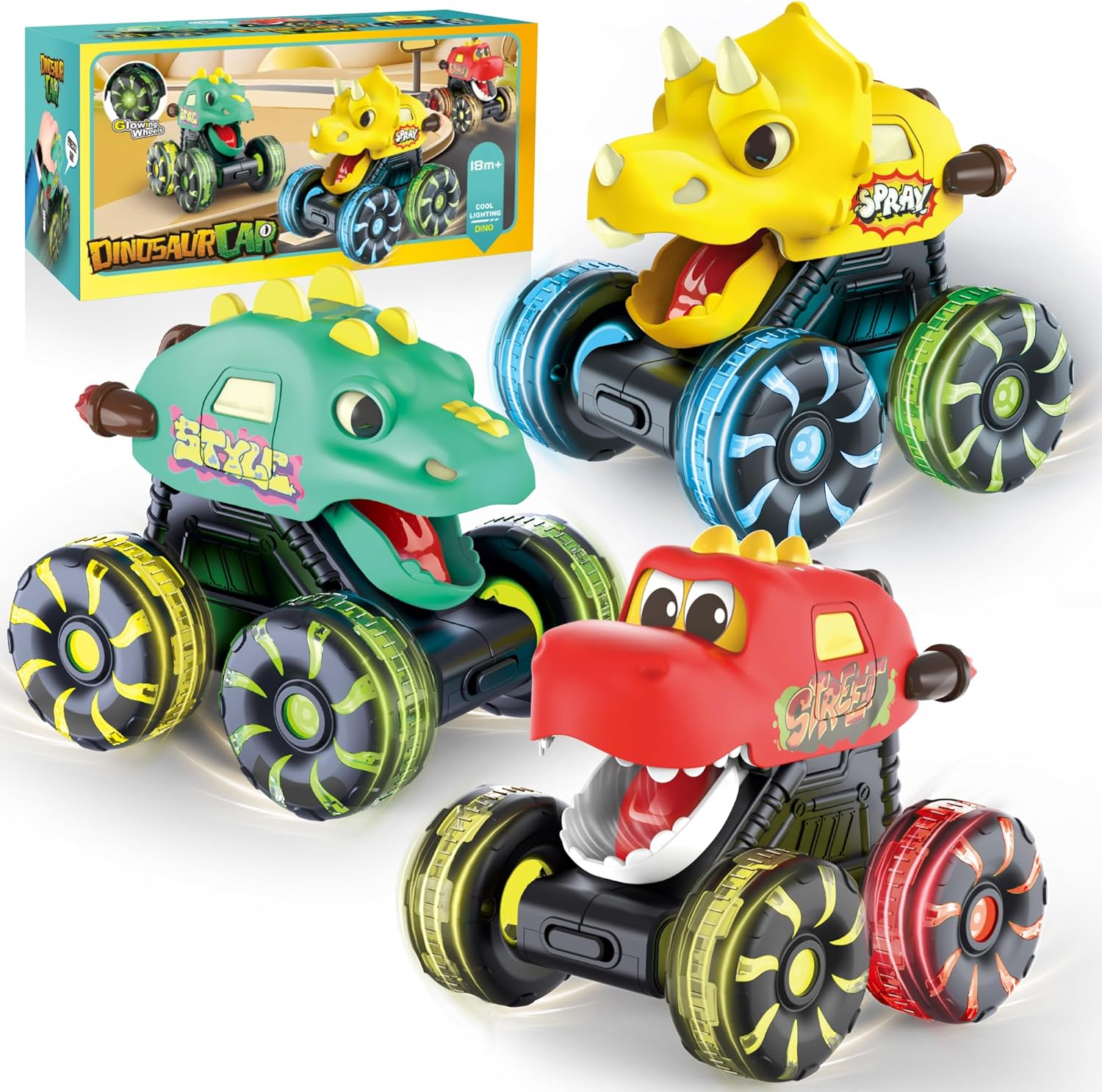 Dinosaur Monster Trucks with LED Wheels & Spray Mist