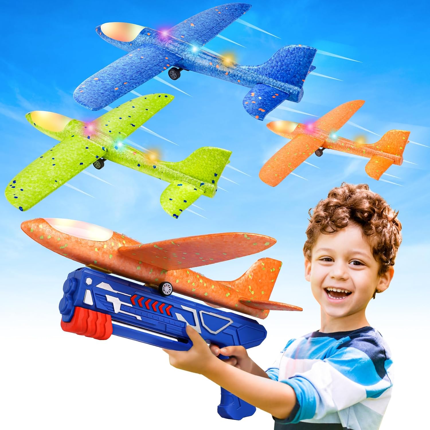 Foam Glider Airplane Launcher Toy Set with LED Lights - 3 Pack
