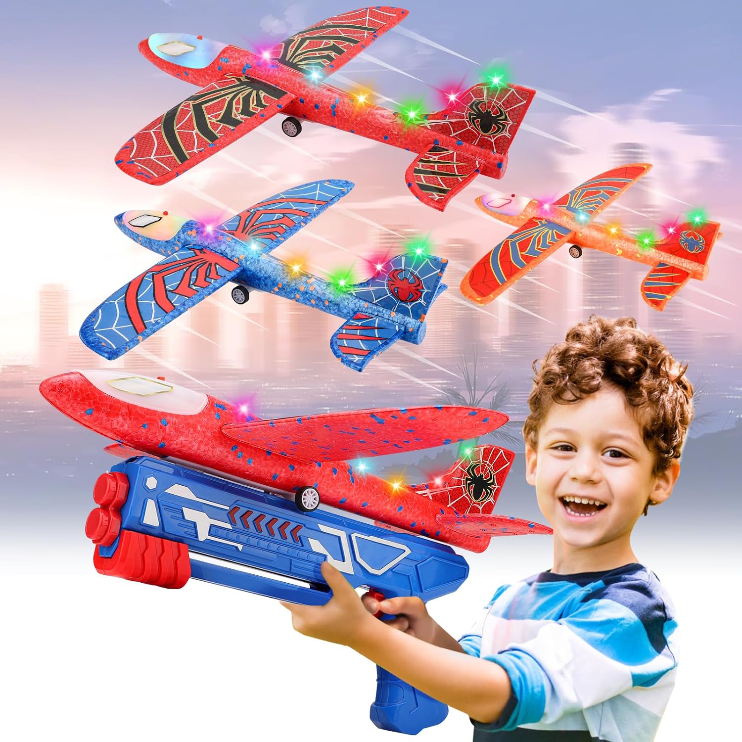 Foam Glider Airplane Launcher Toy Set with LED Lights - 3 Pack