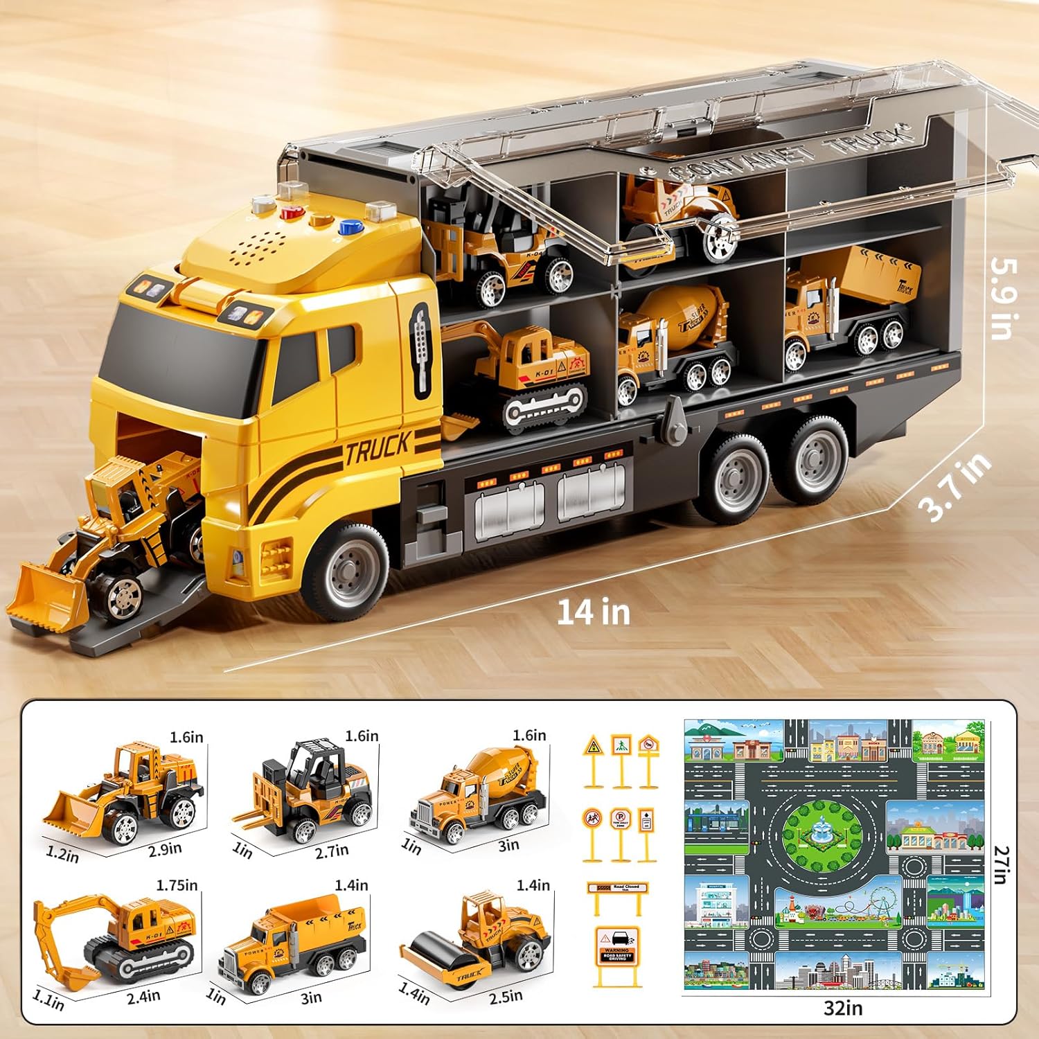 Kids' Construction Truck Carrier with 8 Die-Cast Vehicles
