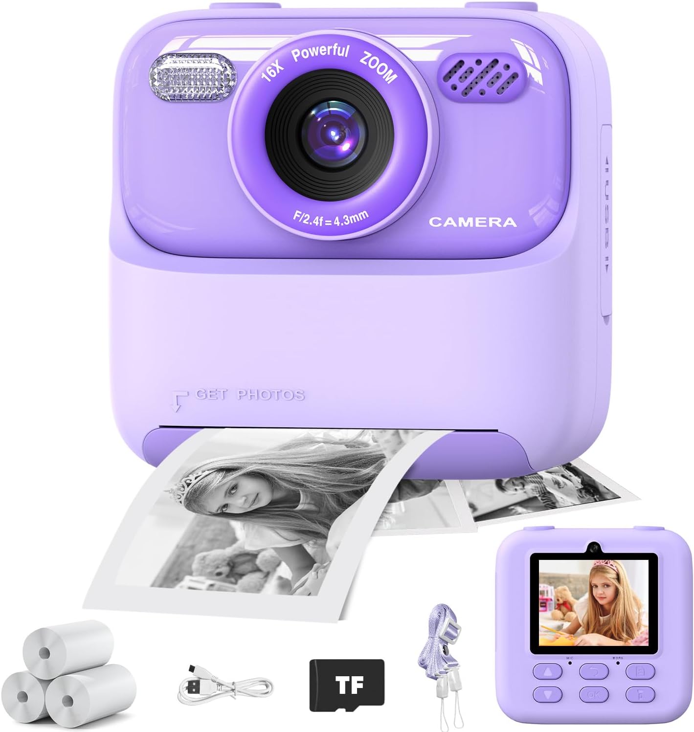 Kids' Instant Print Camera with 16X Zoom & Dual Lens